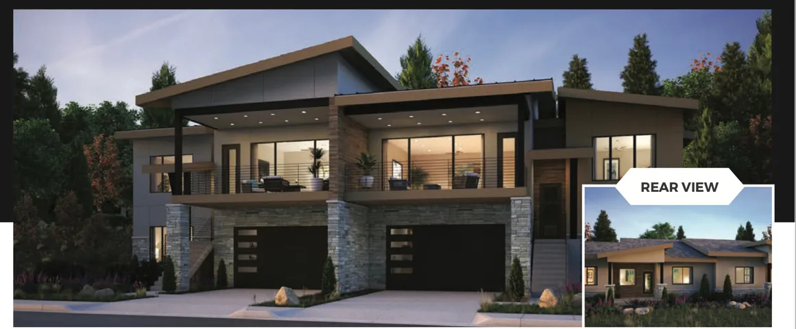 View of front of house featuring a balcony, an attached garage, stone siding, and driveway