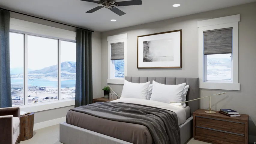 Bedroom featuring a mountain view, a ceiling fan, carpet floors, and recessed lighting