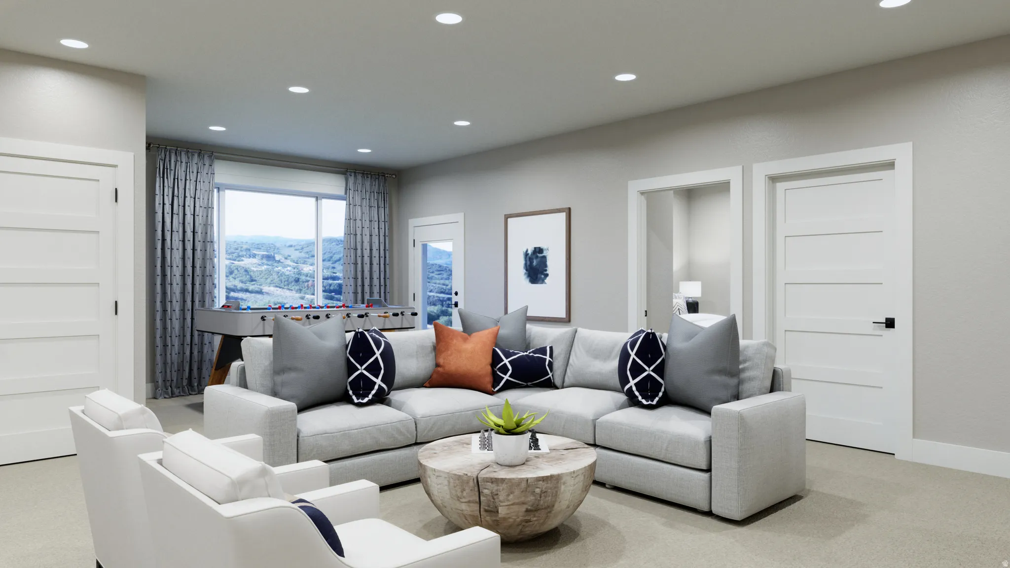 Living room with recessed lighting and light colored carpet