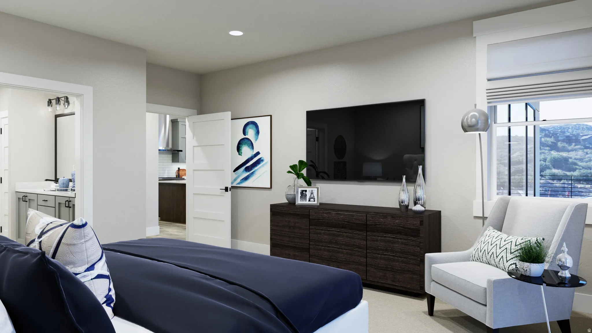 Bedroom with recessed lighting, ensuite bathroom, and light carpet