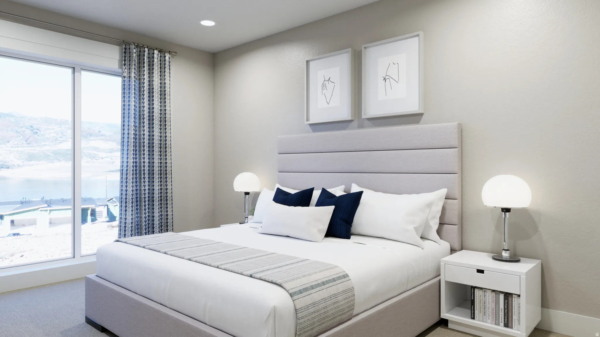 Bedroom with carpet, recessed lighting, and access to outside
