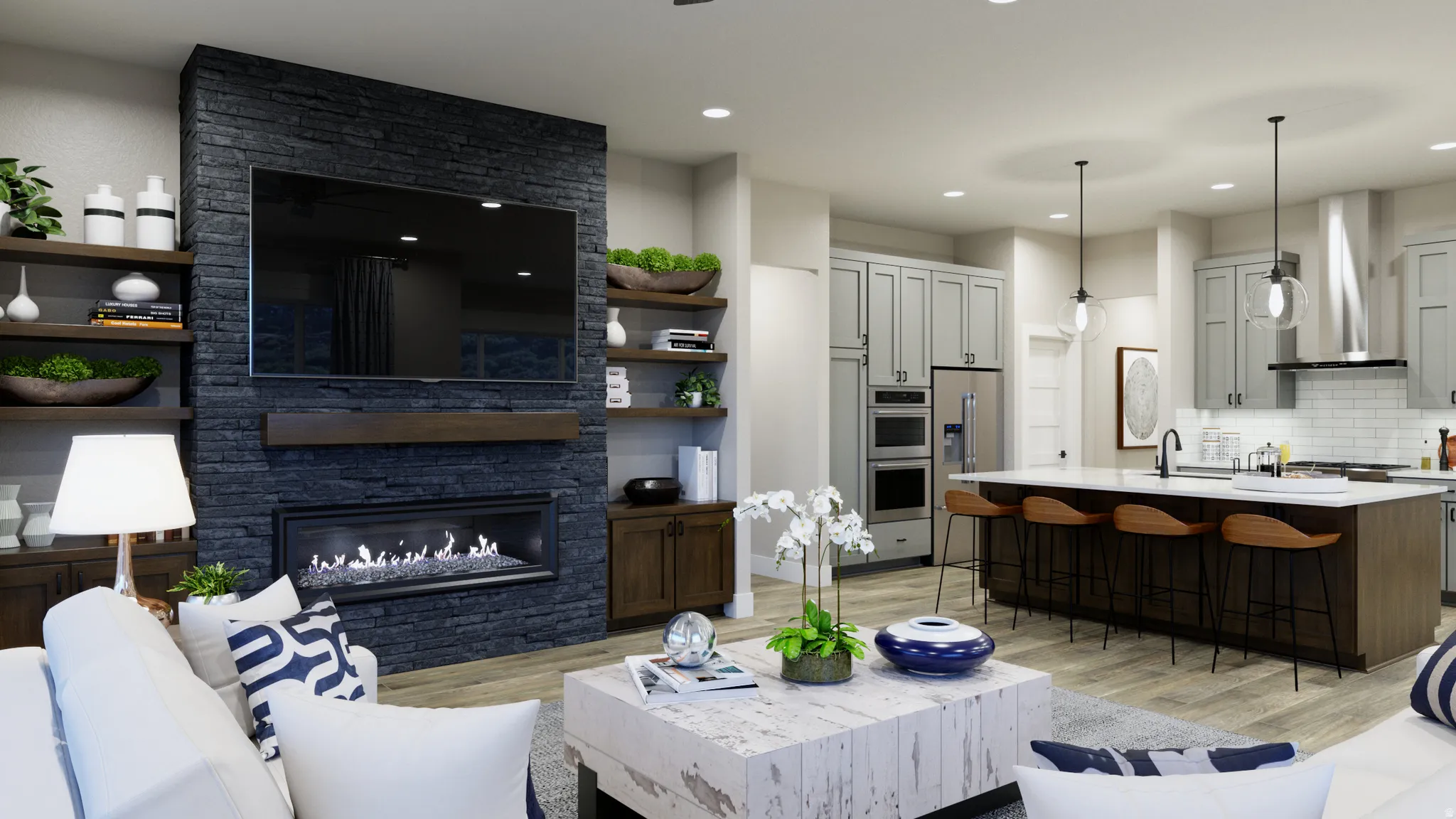 Living area with light wood-style floors, a fireplace, and recessed lighting