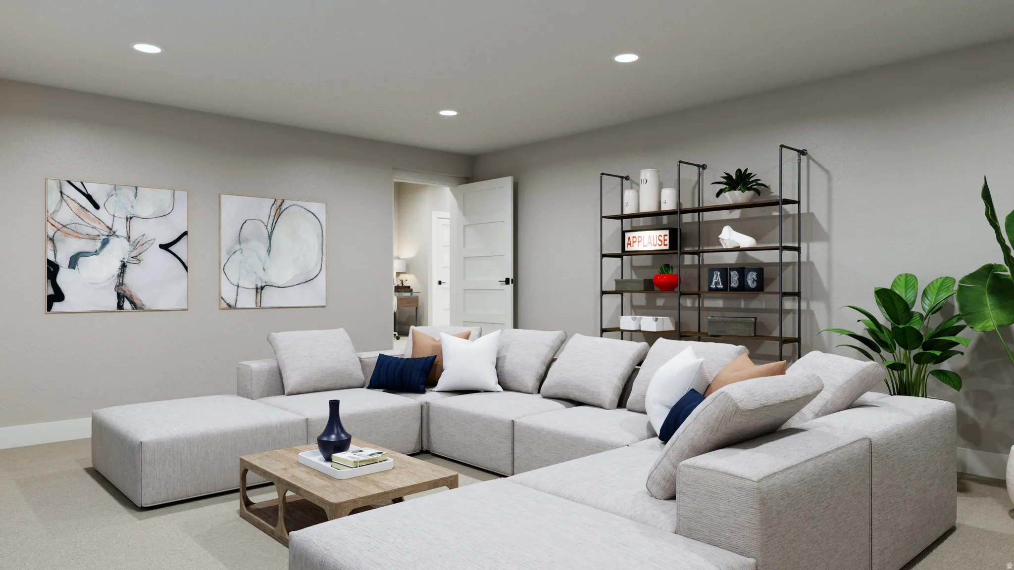 Living area with carpet floors and recessed lighting