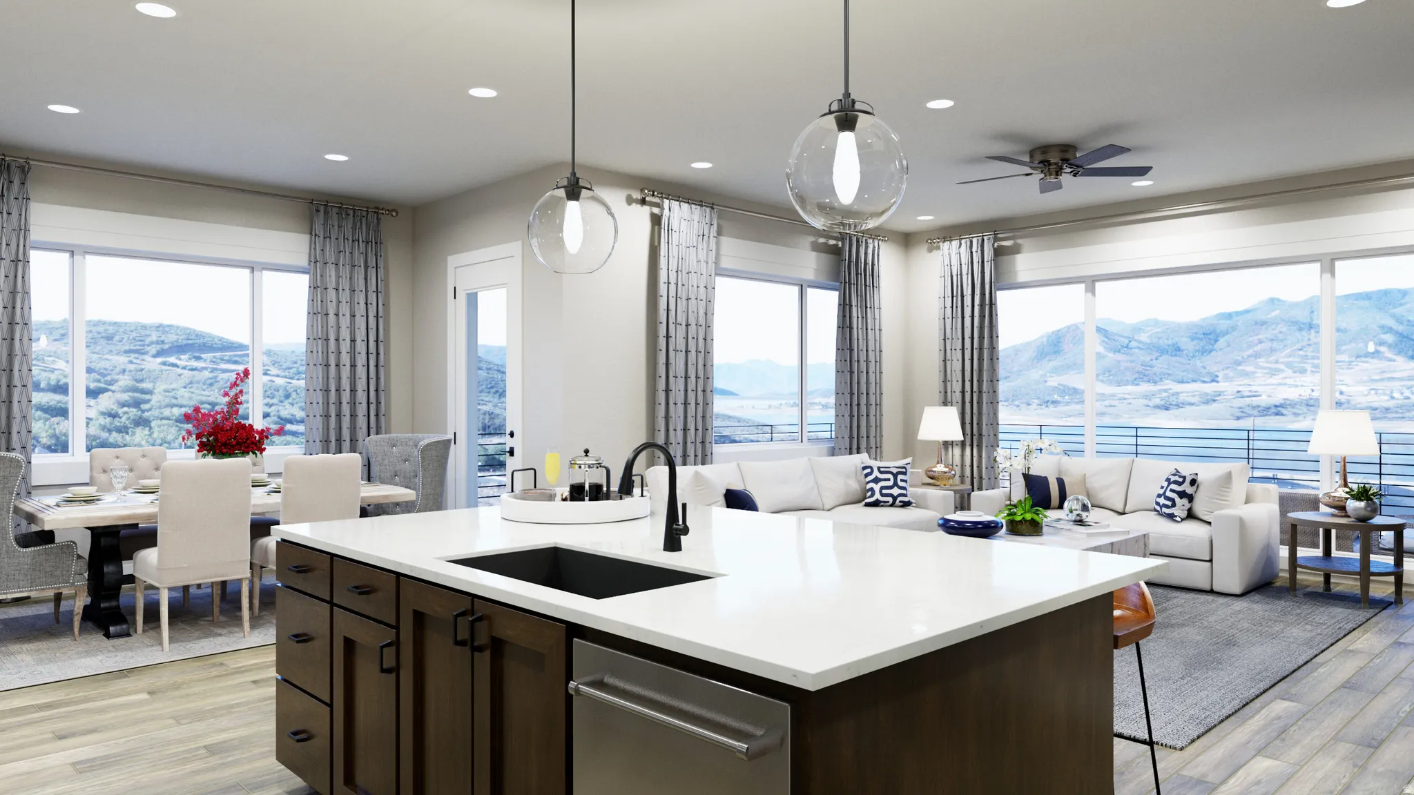 Kitchen featuring a mountain view, dark wood finish cabinets, and open floor plan
