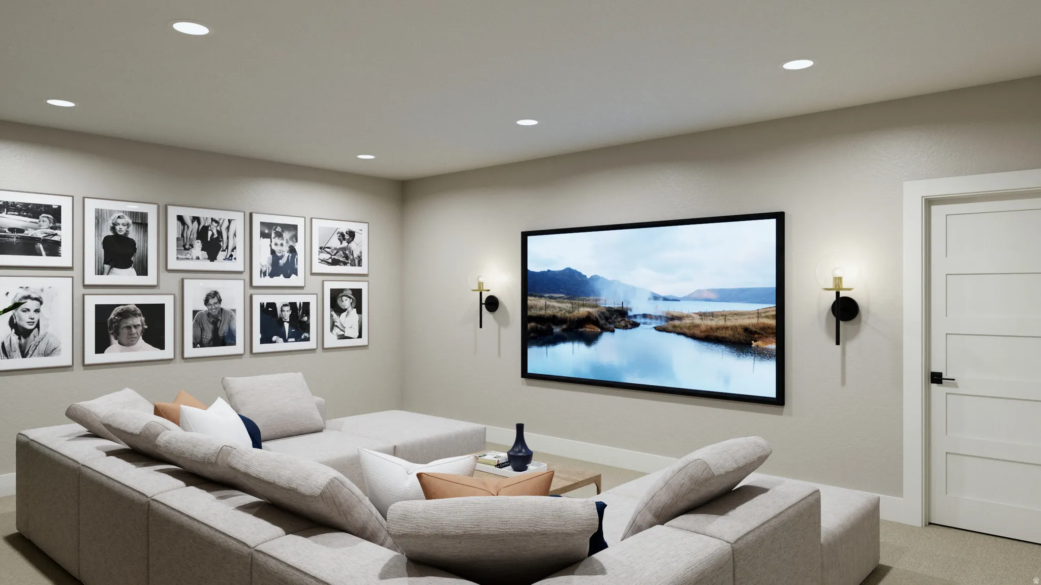 Cinema with recessed lighting and light colored carpet