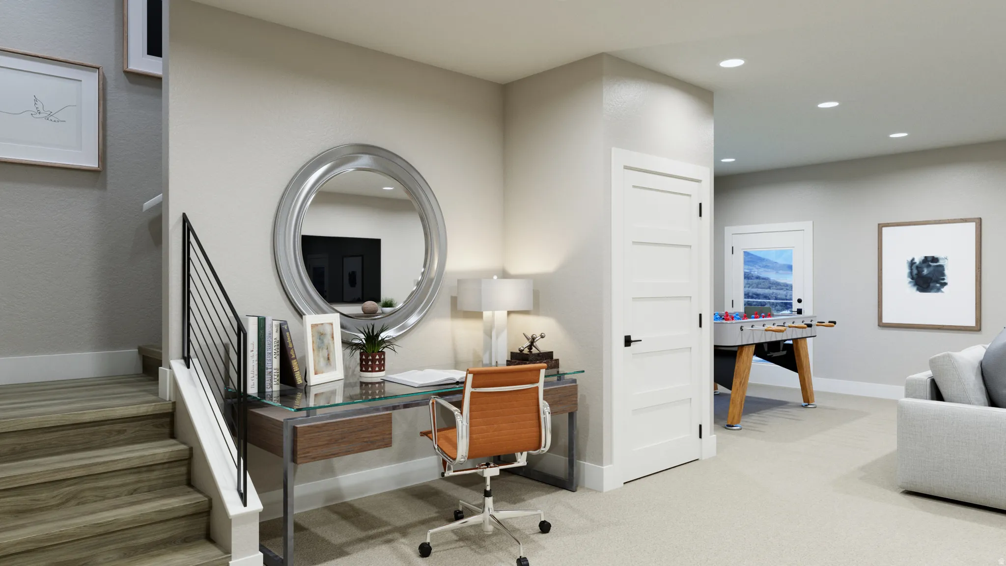 Home office featuring recessed lighting and light carpet