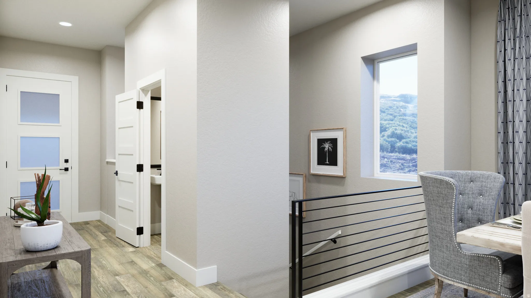 Hall featuring light wood-type flooring and a textured wall