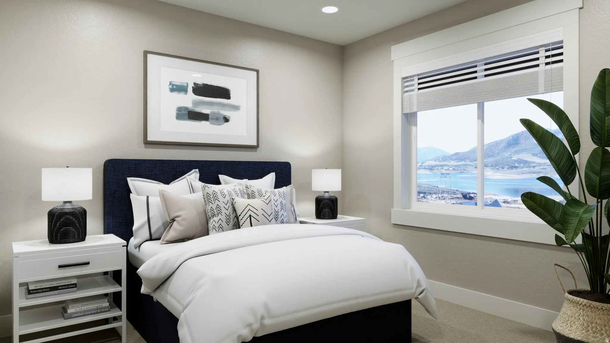 Bedroom featuring a mountain view, carpet floors, a textured wall, and recessed lighting