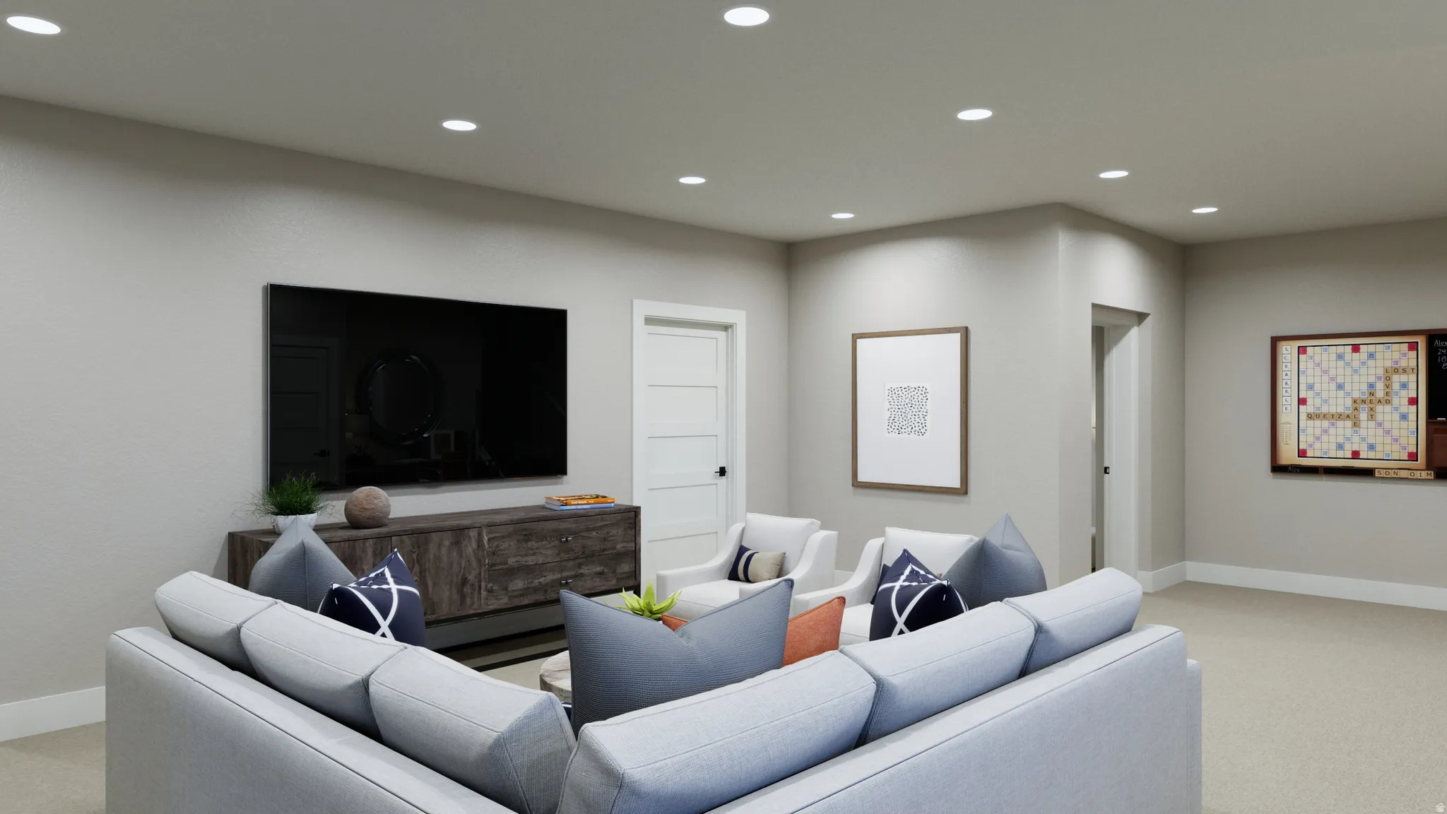 Living room with light carpet and recessed lighting