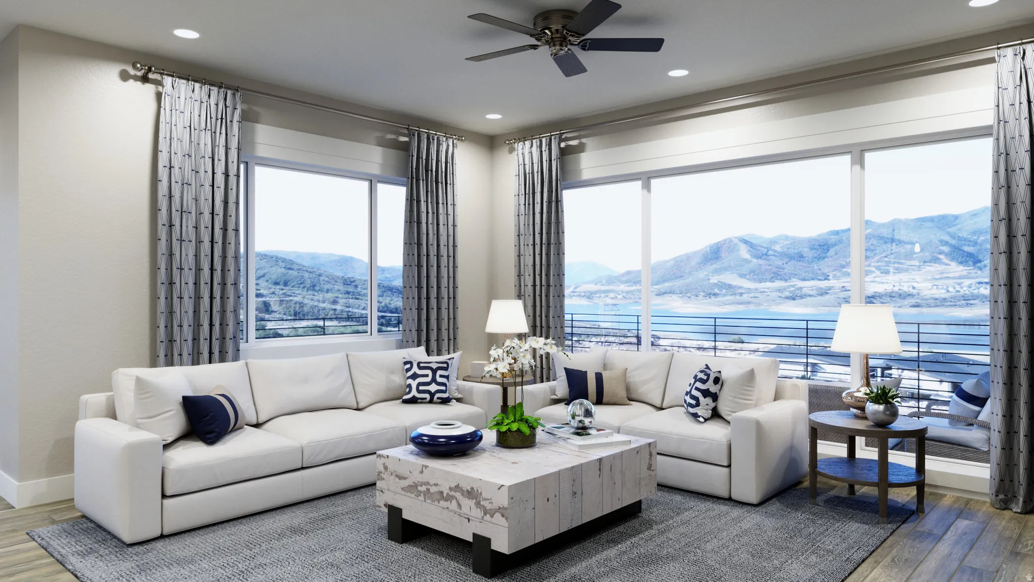 Living area featuring a mountain view, wood finished floors, a ceiling fan, and recessed lighting