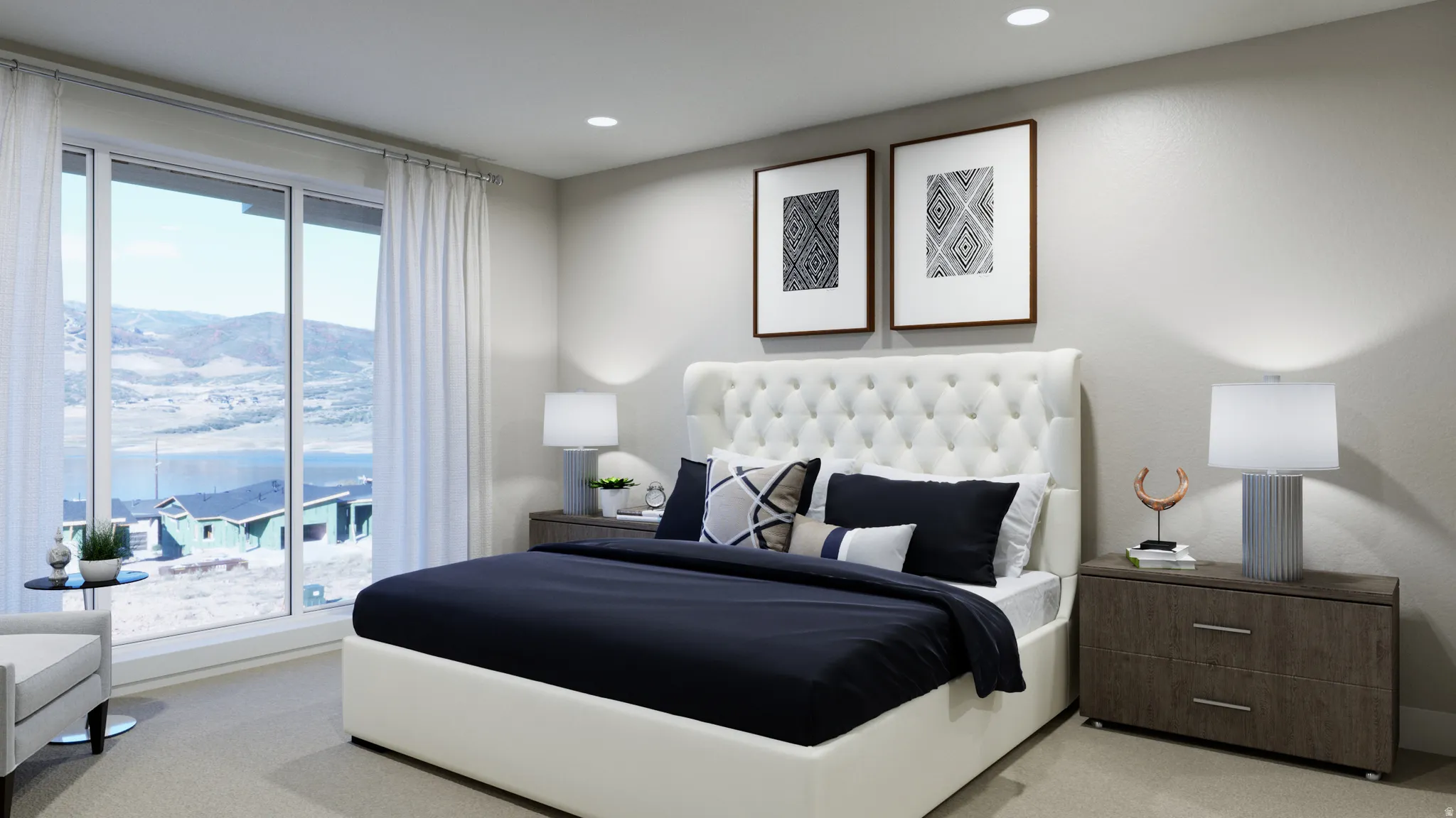 Bedroom featuring a mountain view, light carpet, access to outside, and recessed lighting