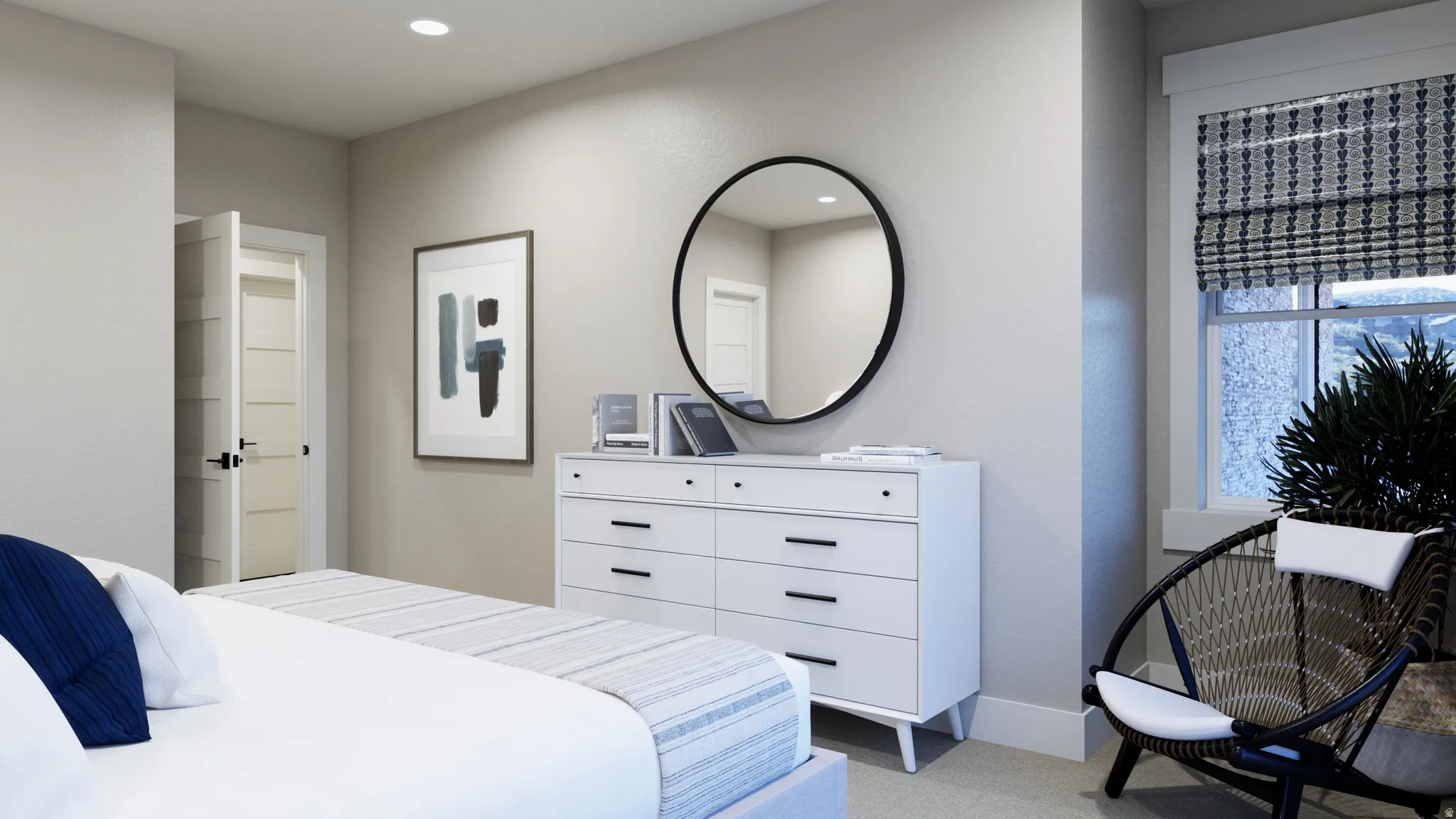 Bedroom with light colored carpet and recessed lighting