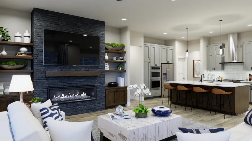 Living area with light wood-style floors, a fireplace, and recessed lighting