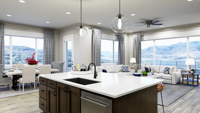 Kitchen featuring a mountain view, dark wood finish cabinets, and open floor plan