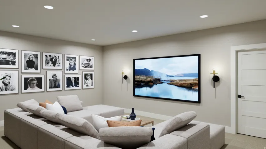 Cinema with recessed lighting and light colored carpet