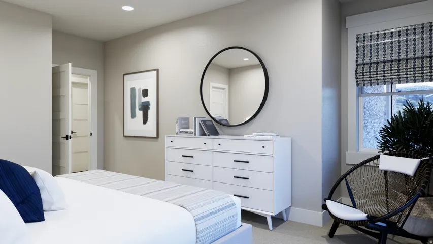 Bedroom with light colored carpet and recessed lighting