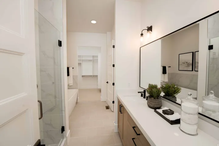 Bathroom with a shower stall, vanity, a spacious closet, and a tub