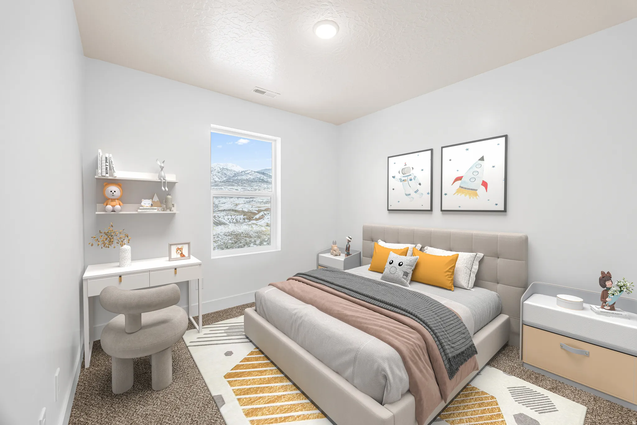 Bedroom featuring carpet floors and a textured ceiling
