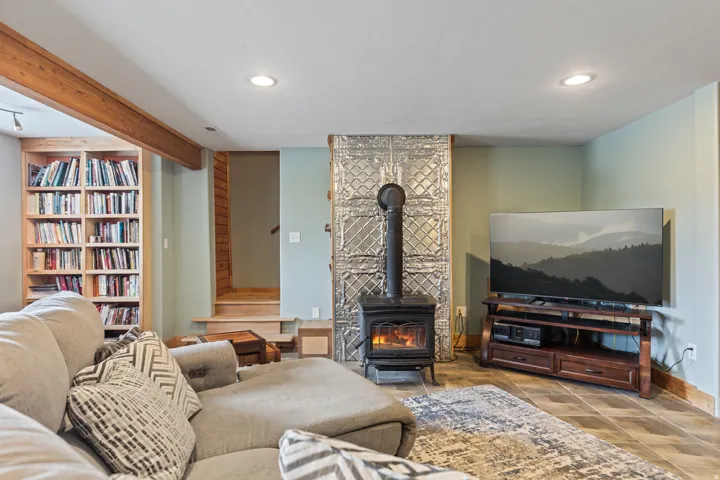 Living area with a wood stove and recessed lighting