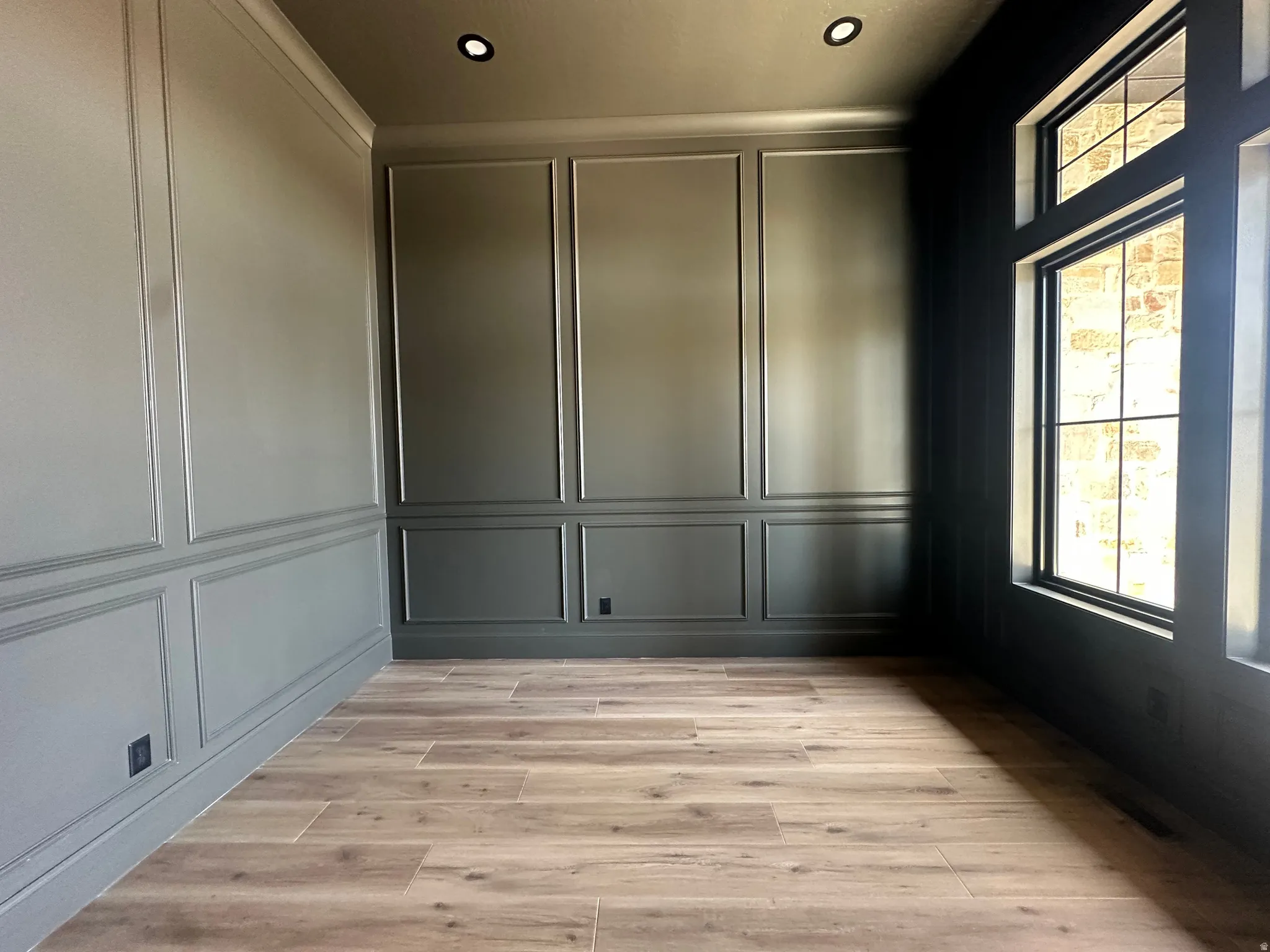 Room featuring decorative wall paneling, recessed lighting, and wood-finish flooring