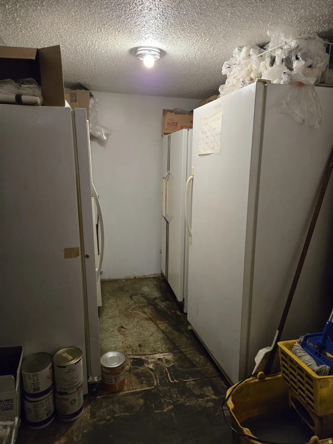 Kitchen featuring freestanding refrigerator and a textured ceiling