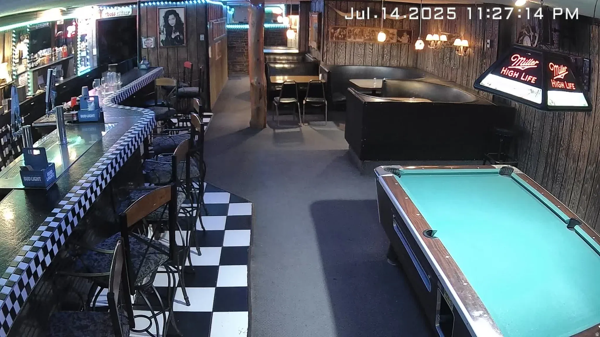 Rec room featuring wood walls, a community bar, and pool table