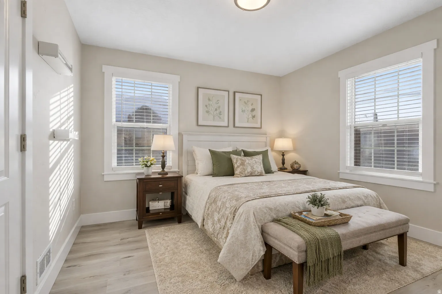 Bedroom with light wood finished floors and baseboards