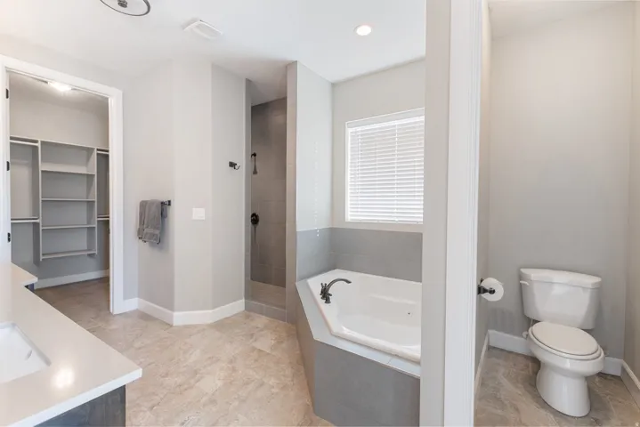 Bathroom featuring a garden tub, a walk in closet, a walk in shower, vanity, and recessed lighting