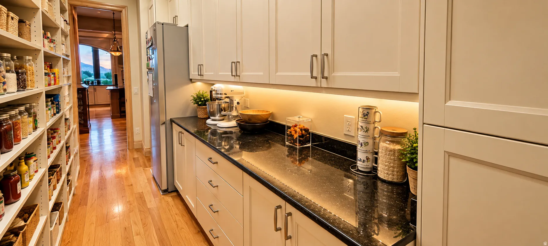 Custom pantry shelving, wood-finish flooring, dark stone countertops, under-cabinet lighting, and white cabinetry