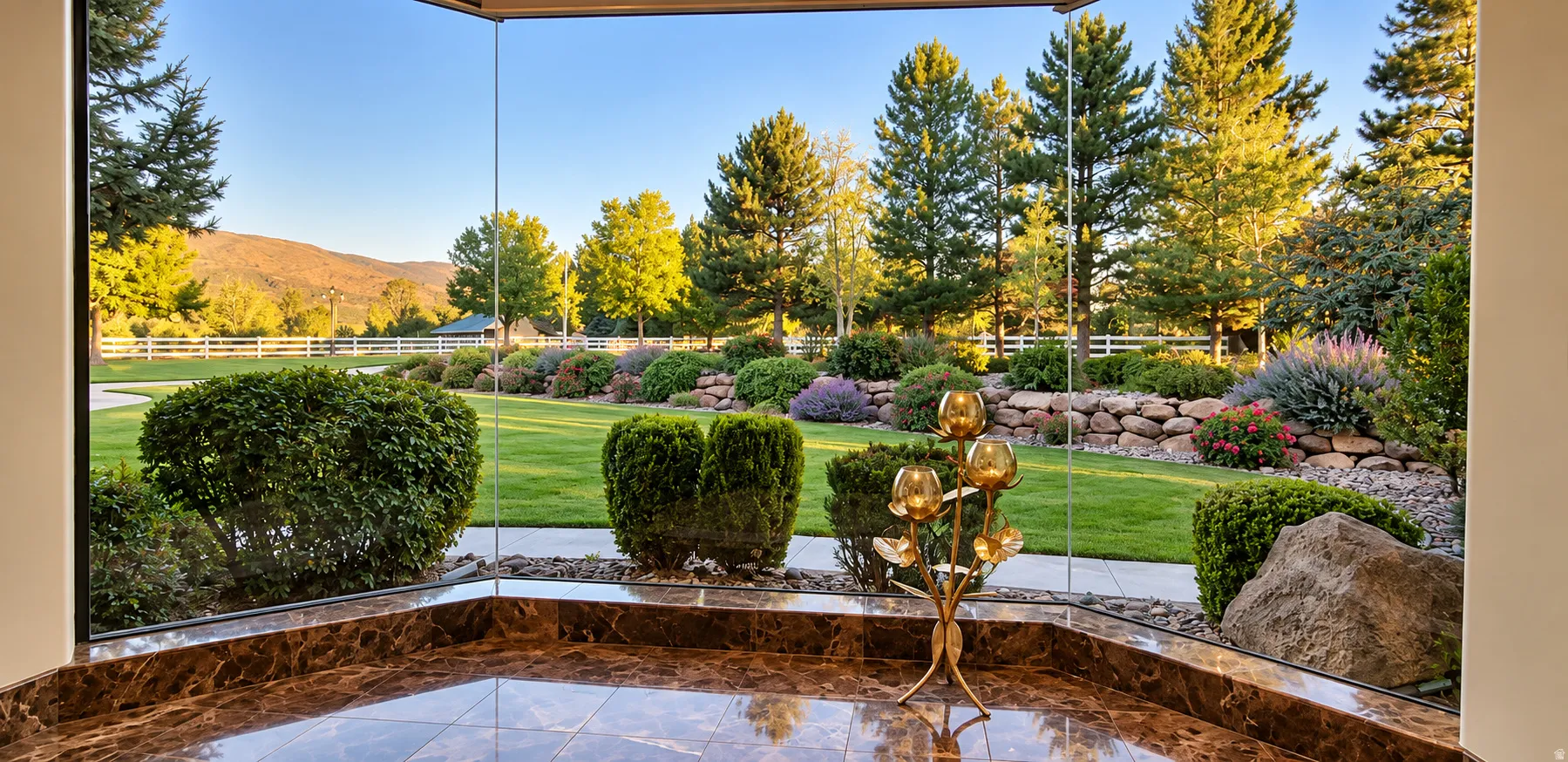 Expansive lawn with mature trees, layered landscaping, and a rock retaining wall
