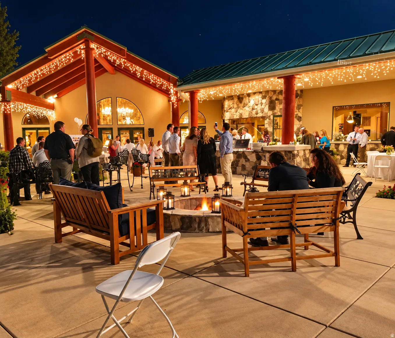Expansive outdoor patio with a built-in fire pit, stone-clad architectural elements, and architectural columns supporting a covered walkway