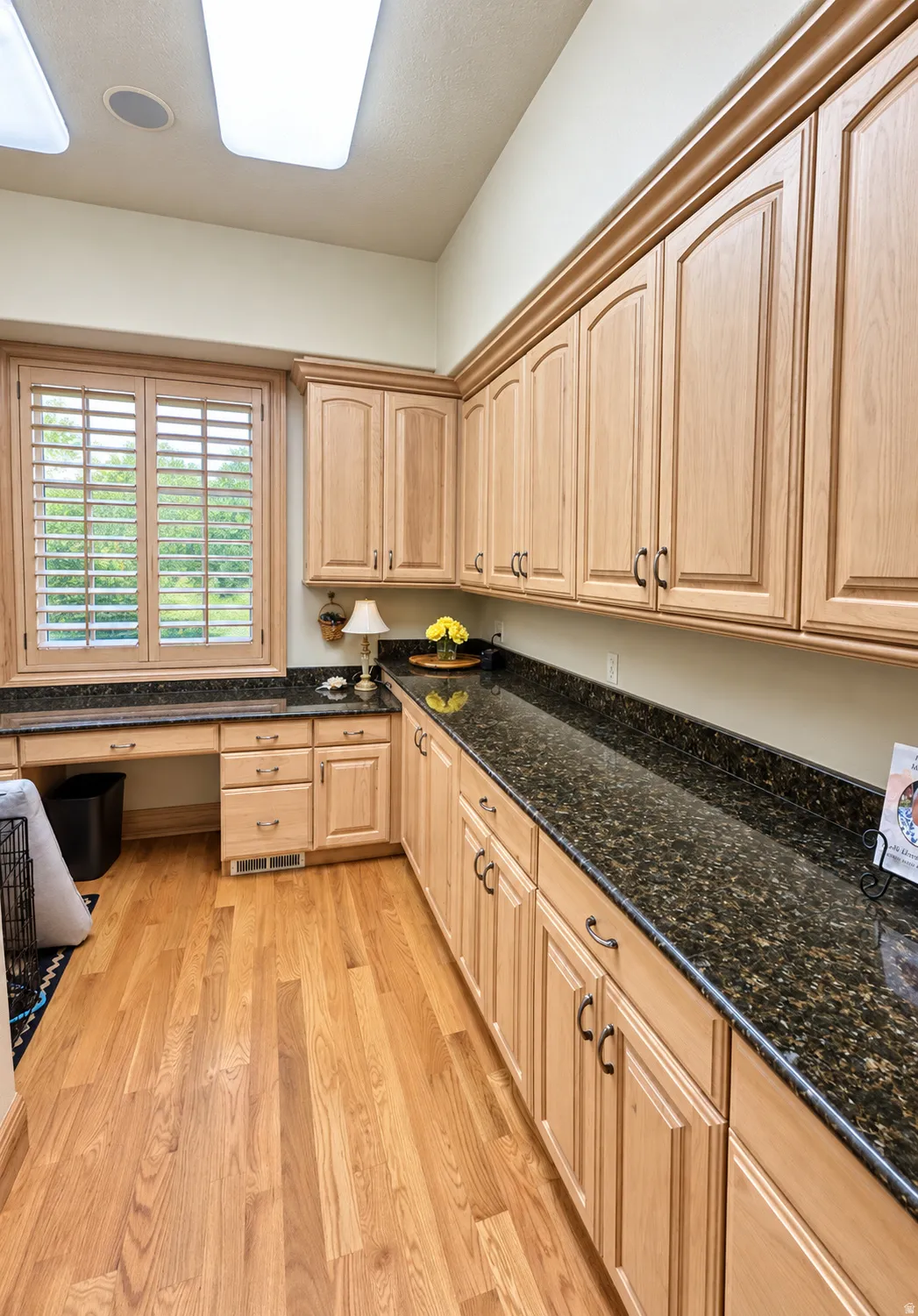 Wood-finish flooring with extensive cabinetry and dark countertops