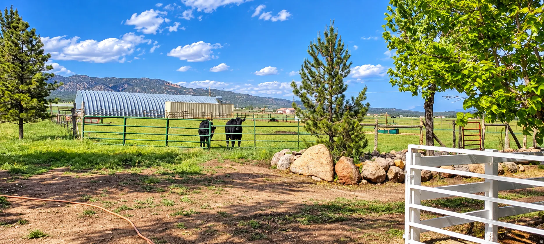 Expansive fenced pasture with distant mountain range