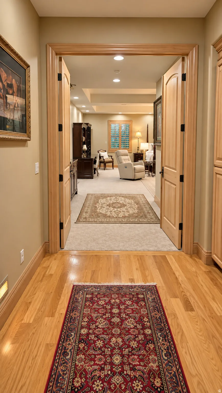Hardwood flooring leads into a room with recessed lighting, an arched doorway, and carpet flooring