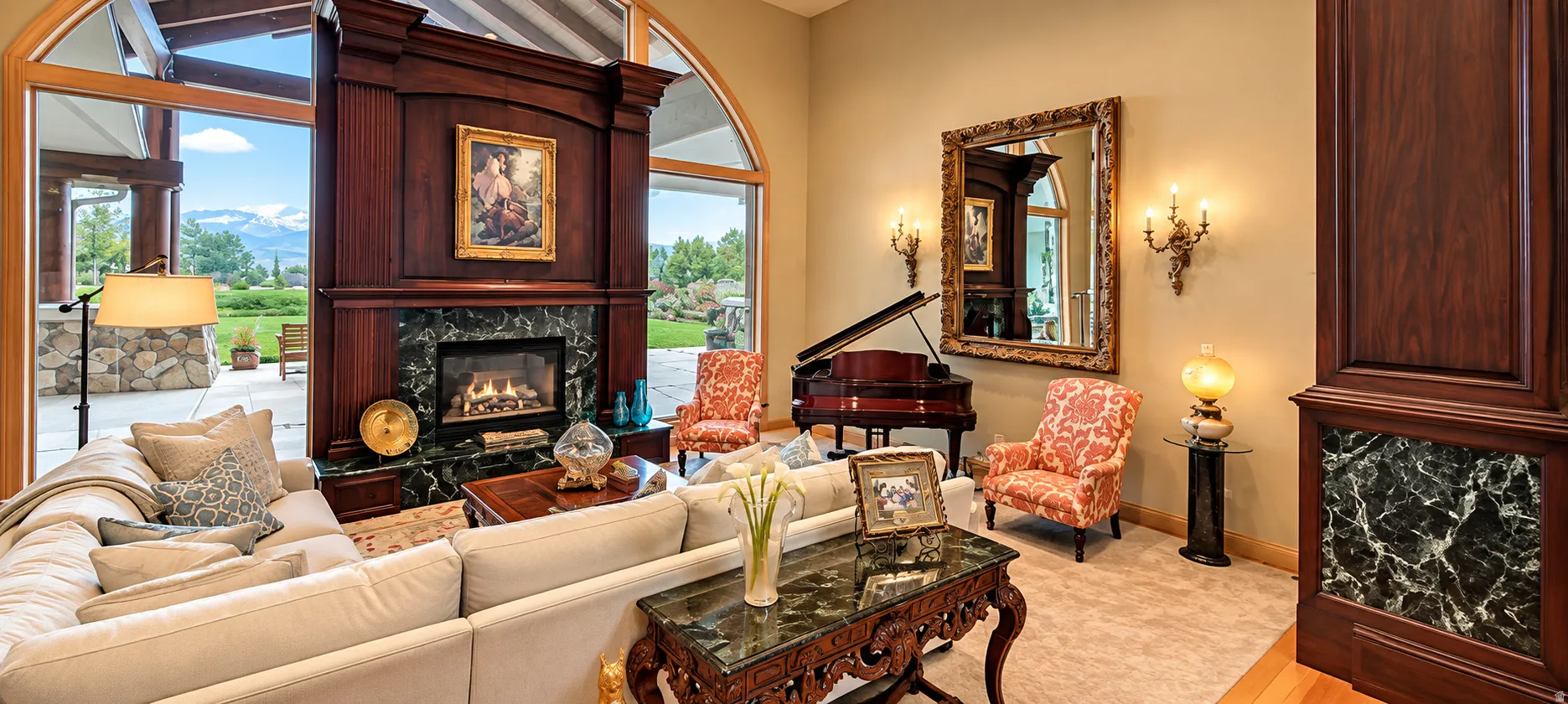 Floor-to-ceiling dark wood fireplace with a gas insert and stone surround