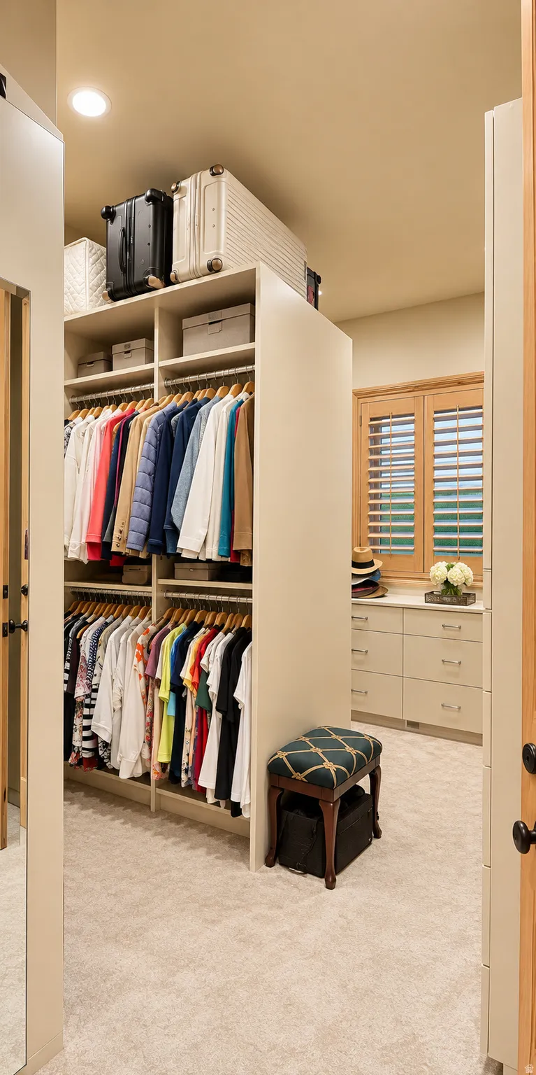Built-in closet organization system with multiple hanging rods and shelving
