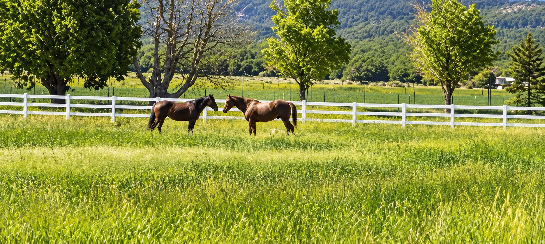 Expansive pastoral acreage with white fencing, mature trees, and a distant mountainous backdrop