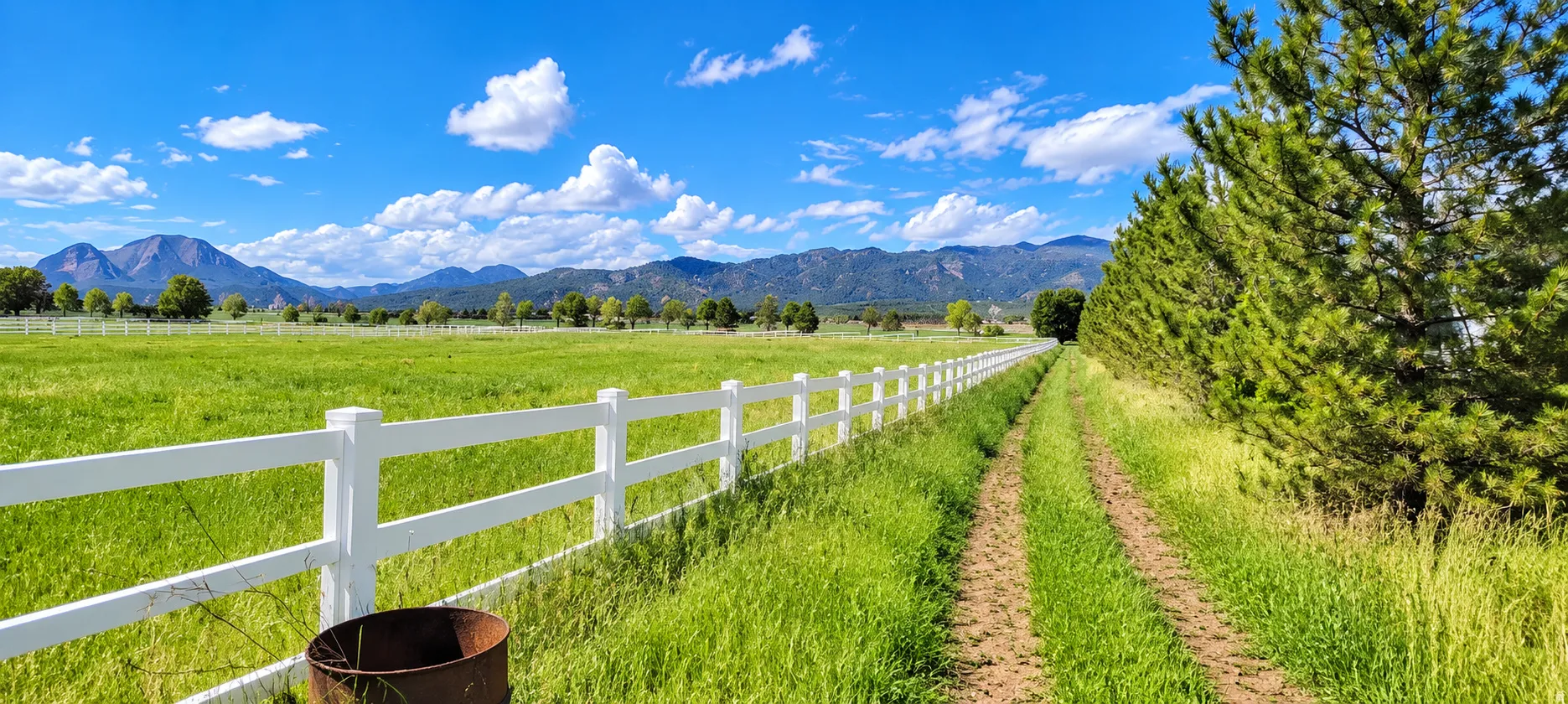 Expansive green field with a white fence, bordered by a dirt path and a row of mature evergreen trees, with mountains in the background