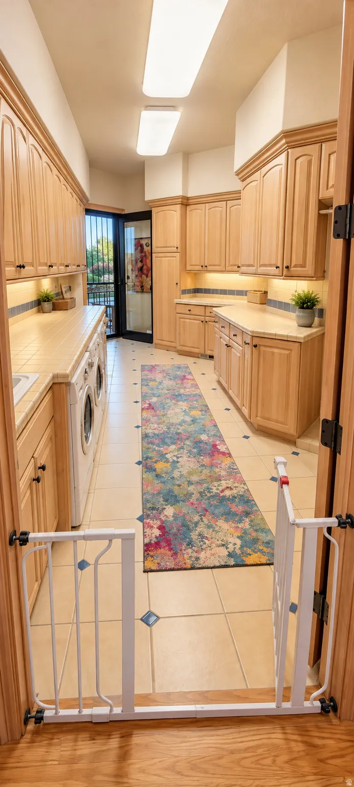 Extensive cabinetry with under-cabinet lighting, light-toned countertops, and tile flooring