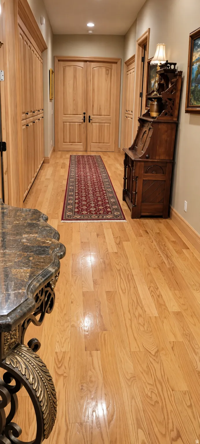 Hardwood flooring throughout, double entry doors, built-in storage cabinetry, and recessed lighting