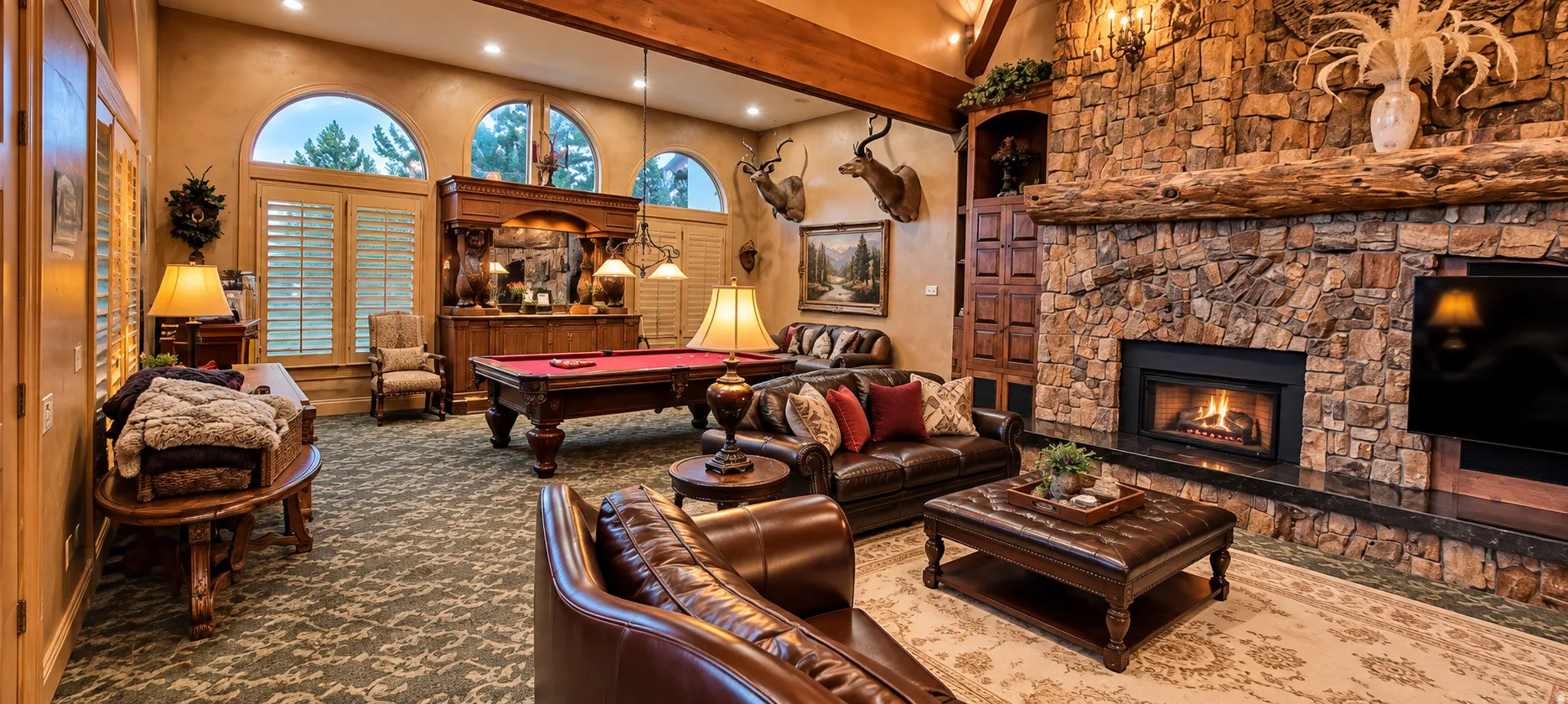 Stone-clad fireplace with a prominent hearth, exposed wood beams, arched windows with plantation shutters, and recessed lighting