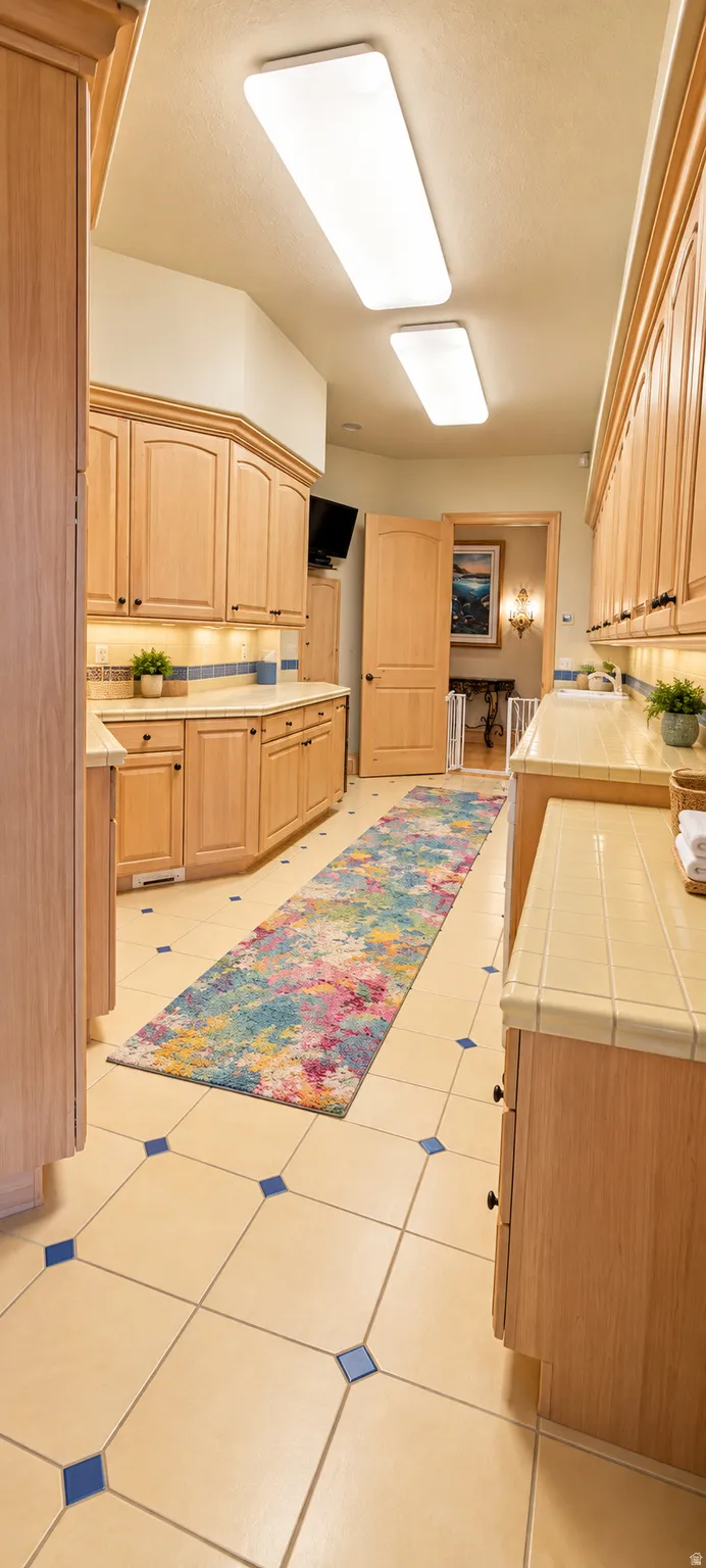 Wood-finish cabinetry with black hardware, tile flooring with accent squares, ceiling-mounted lighting, and built-in countertops