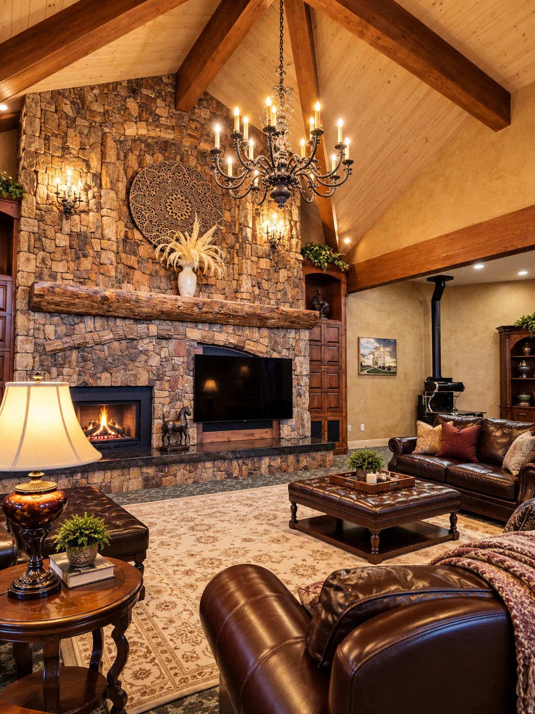 Vaulted wood-paneled ceiling with exposed beams, stone fireplace, and a large chandelier
