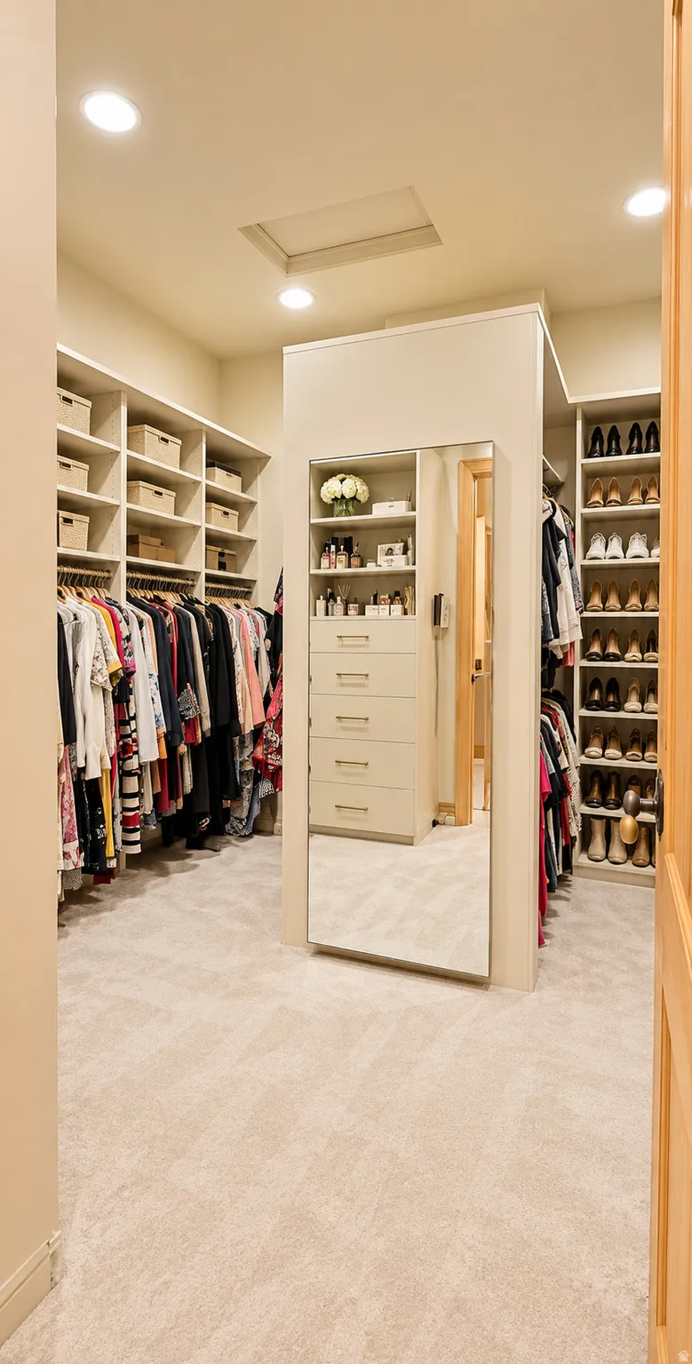 Custom closet system with built-in shelving, hanging rods, and an integrated dresser with storage