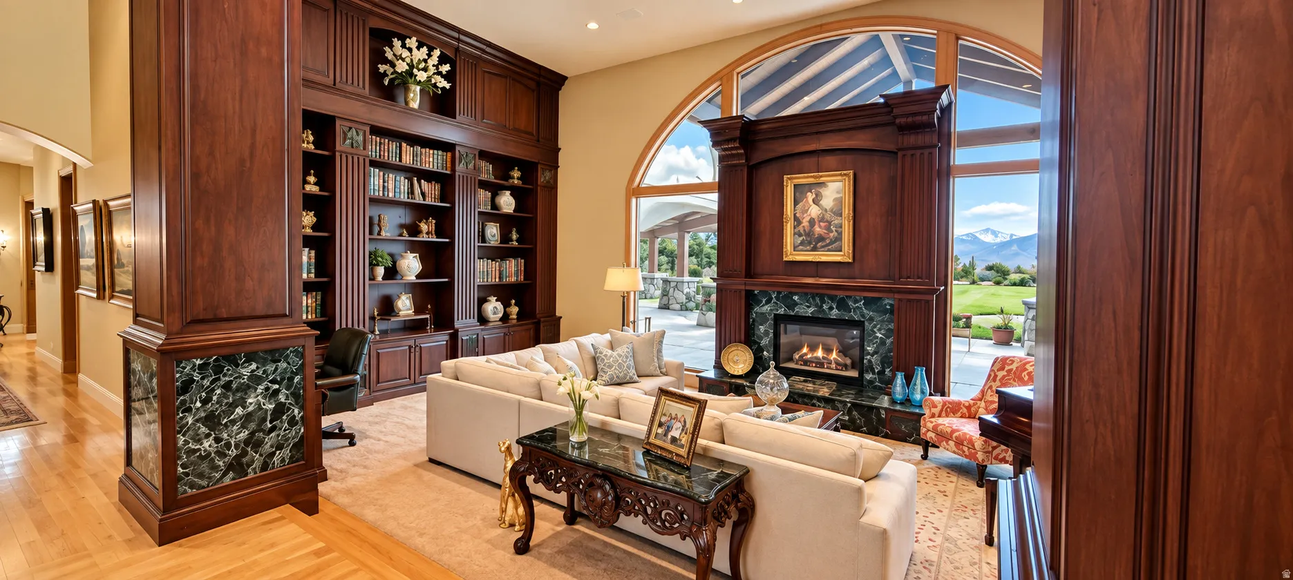 Hardwood flooring and custom built-in cabinetry with integrated shelving