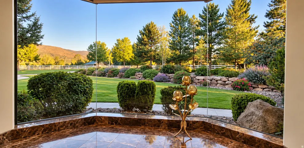 Expansive lawn with mature trees, layered landscaping, and a rock retaining wall