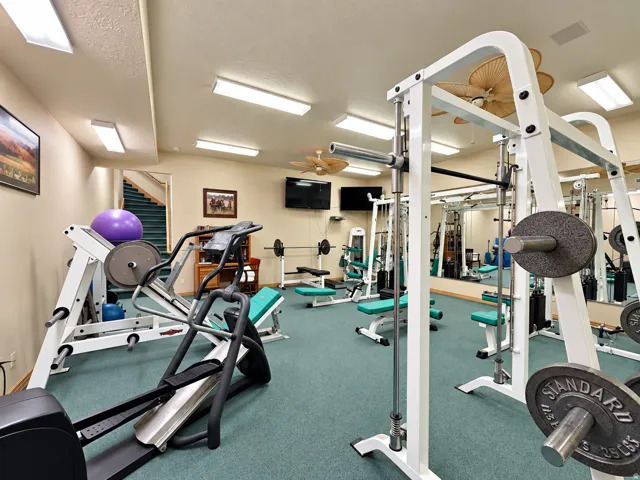Dedicated fitness room featuring carpet flooring, ceiling fans, and integrated wall mirrors