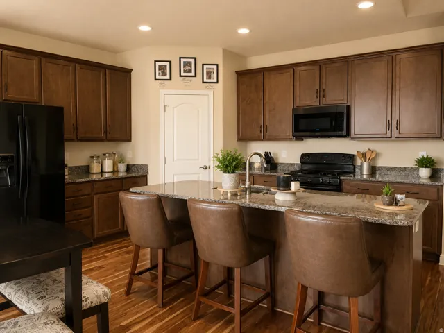 Kitchen featuring an island with stone countertop, stainless steel sink
