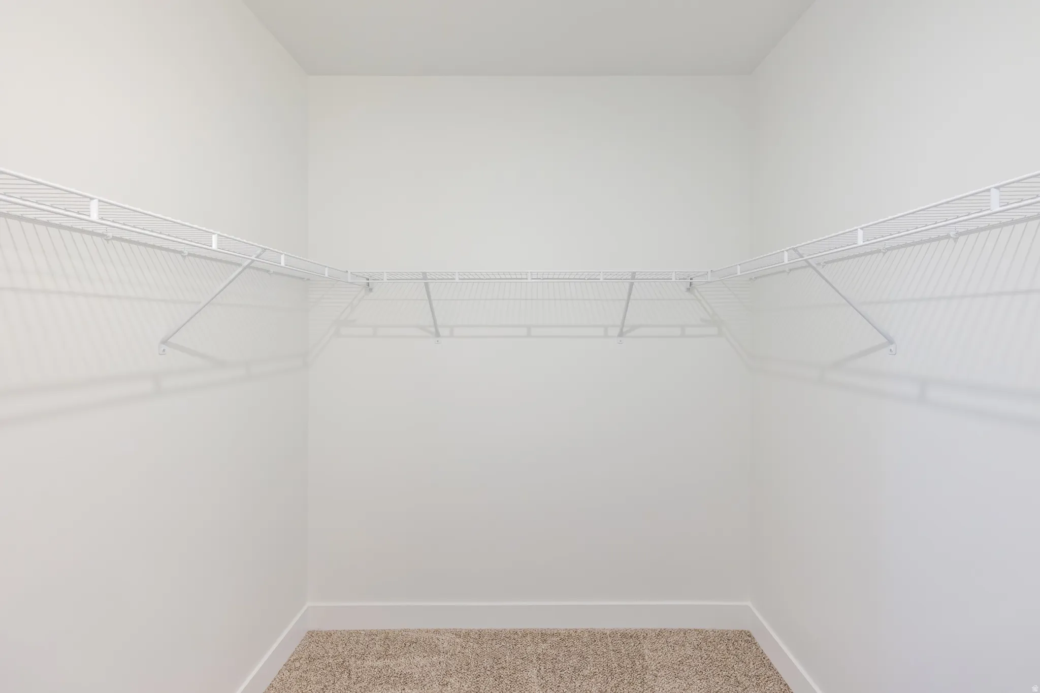 Walk-in closet featuring white wire shelving, light-colored walls, white baseboards, and carpet flooring