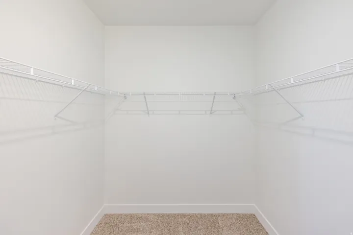 Walk-in closet featuring white wire shelving, light-colored walls, white baseboards, and carpet flooring